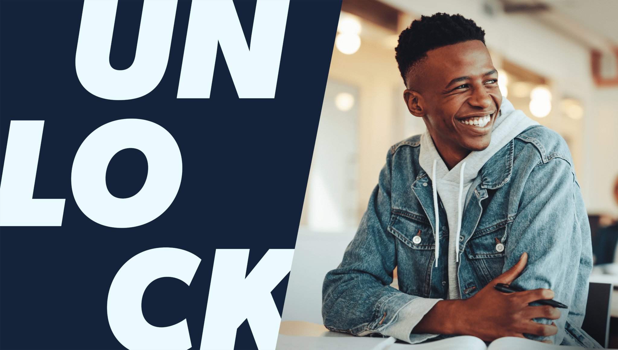 Colour block image split horizontally. Left side of the image reads "unlock" in bold, scattered text on a dark blue background. Right side shows a black university students sitting at a desk with notebooks in front of him.